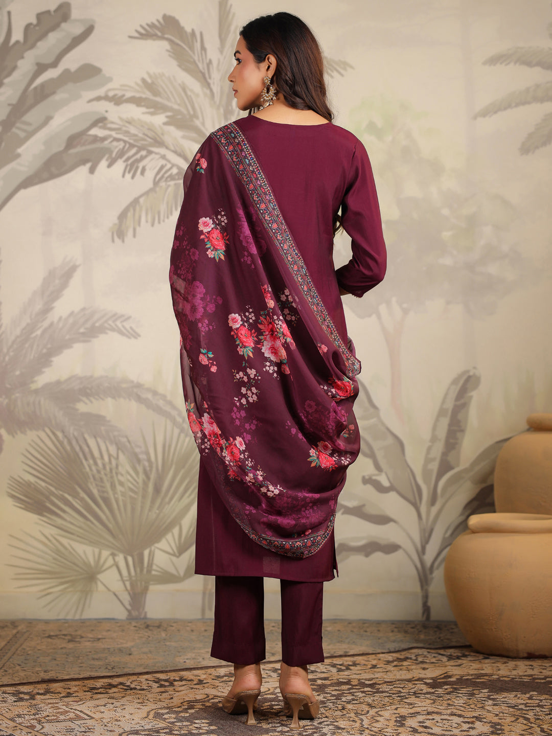 Janasya Dark Chanderi Yoke Embroidery Straight Kurta Set | Swadesiicart