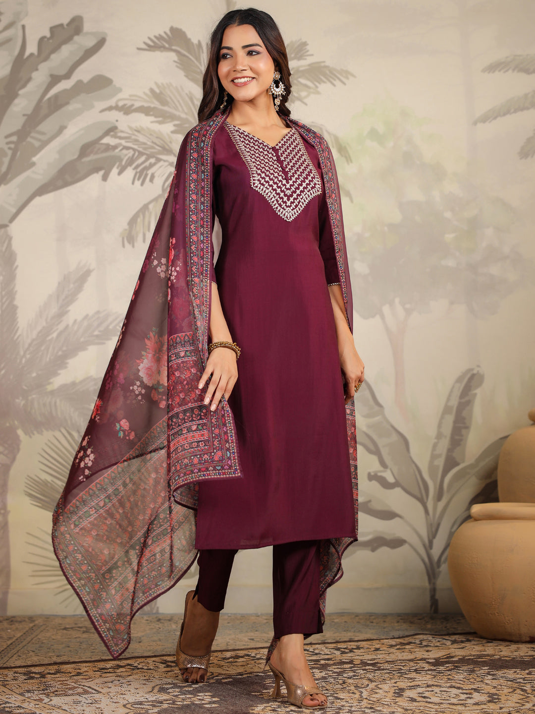 Janasya Dark Chanderi Yoke Embroidery Straight Kurta Set | Swadesiicart