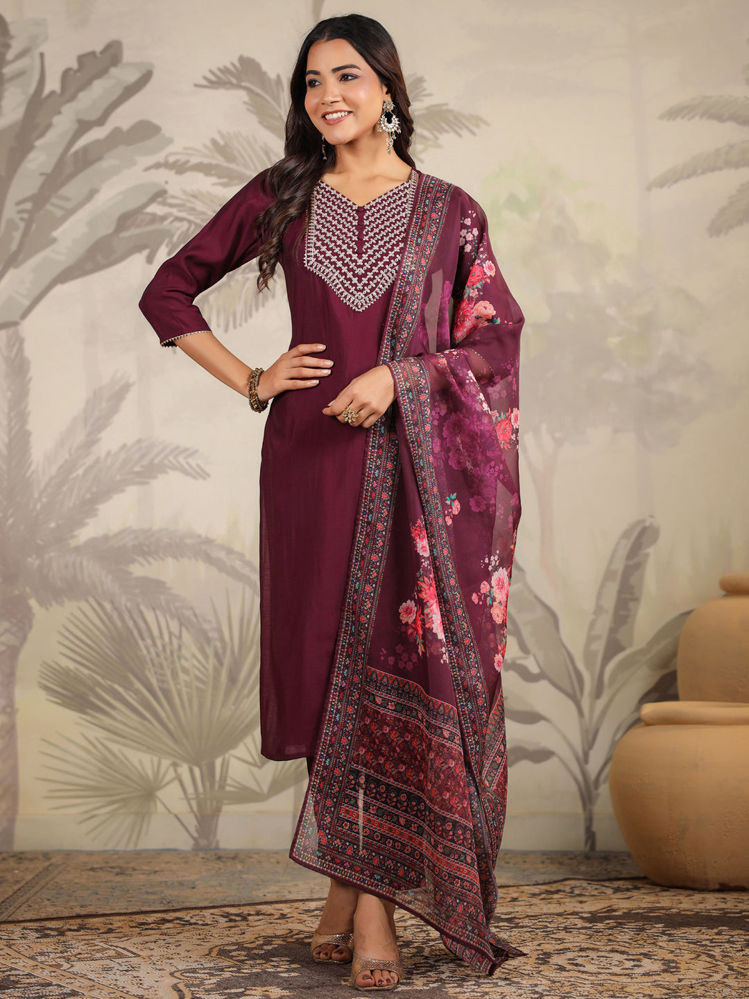 Janasya Dark Chanderi Yoke Embroidery Straight Kurta Set | Swadesiicart