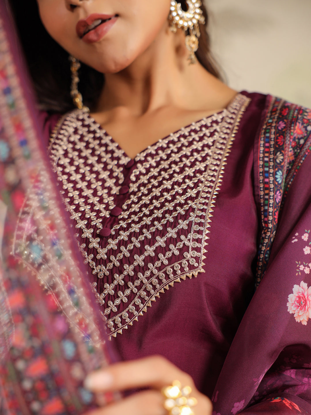 Janasya Dark Chanderi Yoke Embroidery Straight Kurta Set | Swadesiicart