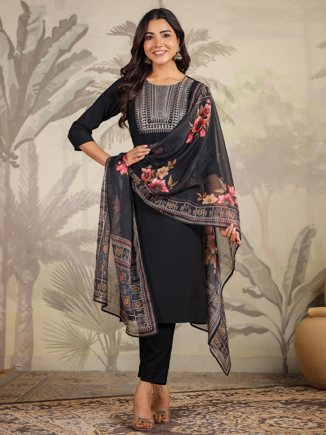 Janasya Dark Chanderi Yoke Embroidery Straight Kurta Set | Swadesiicart