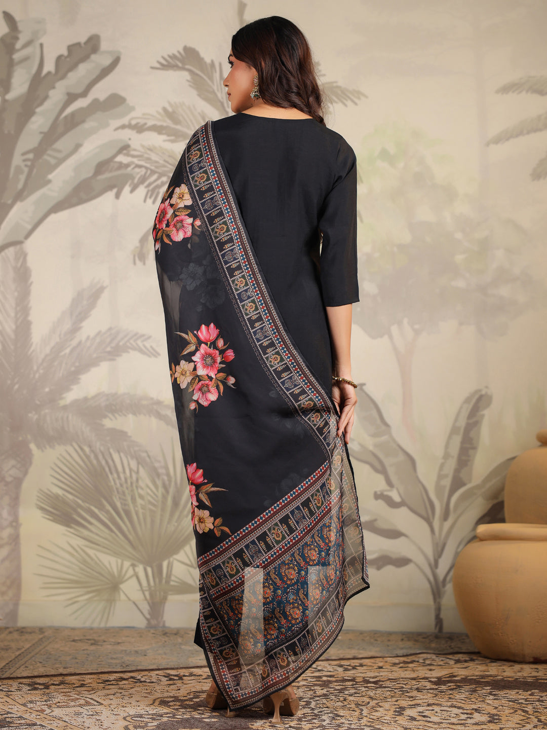Janasya Dark Chanderi Yoke Embroidery Straight Kurta Set | Swadesiicart