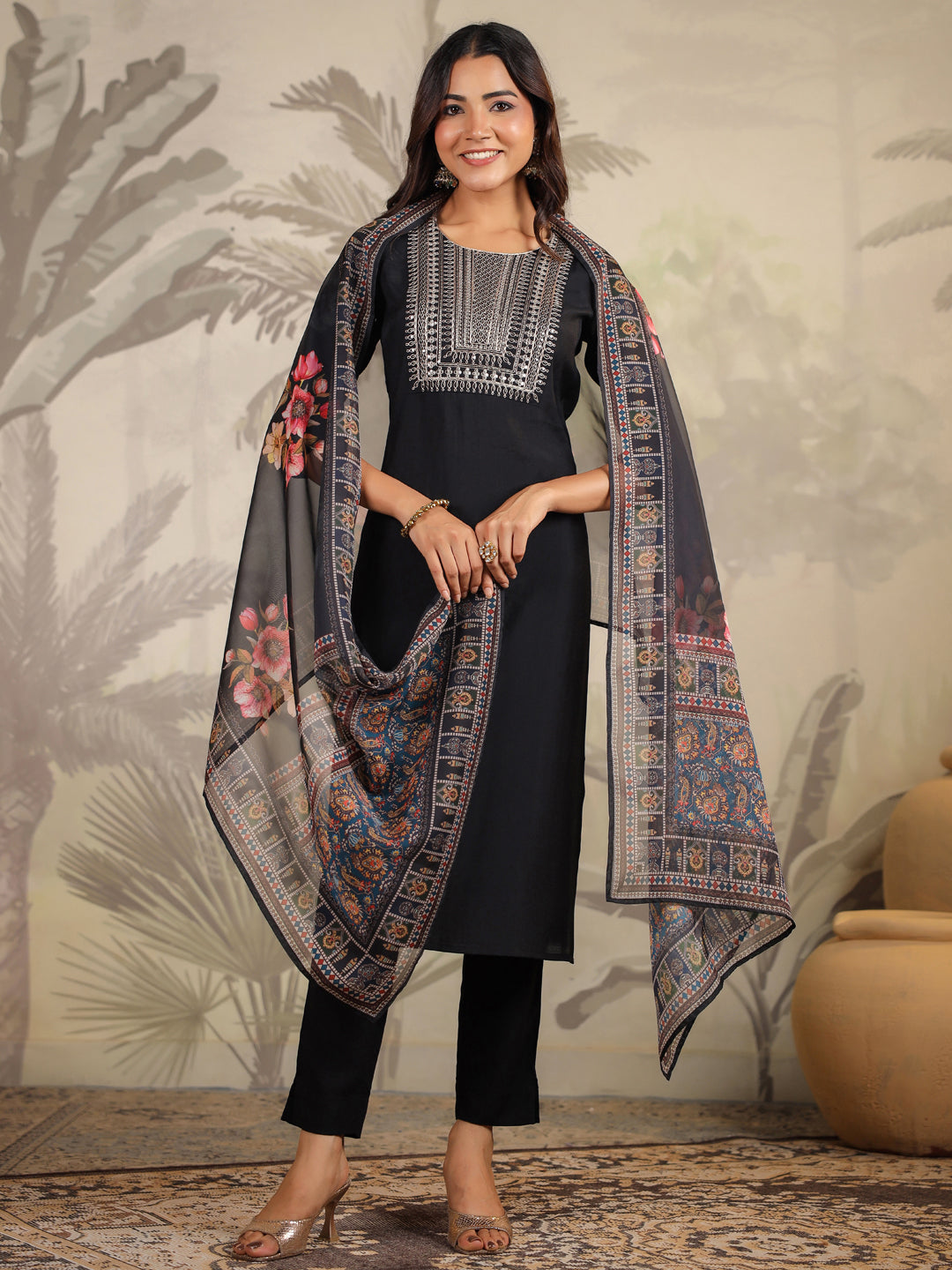 Janasya Dark Chanderi Yoke Embroidery Straight Kurta Set | Swadesiicart