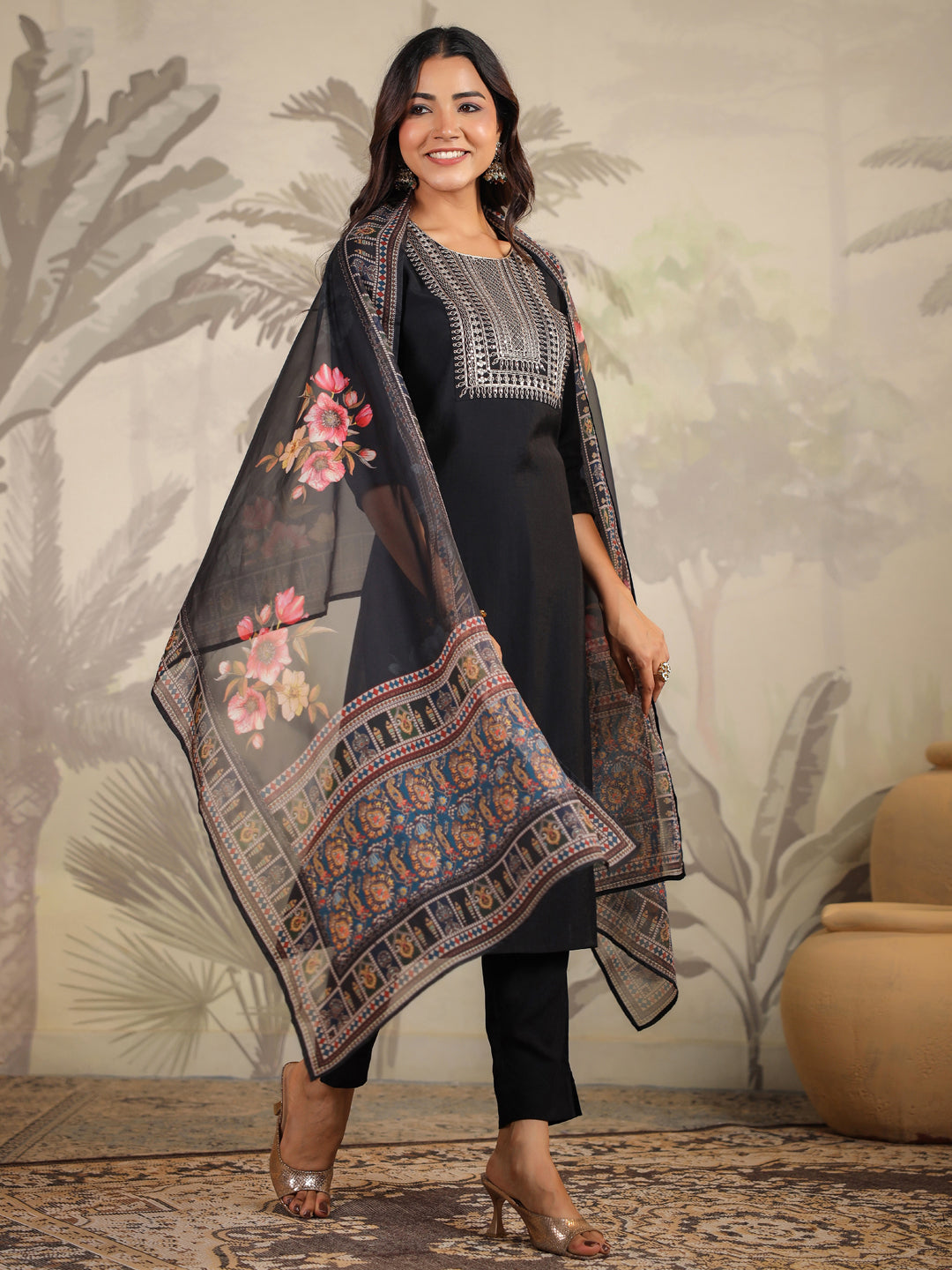 Janasya Dark Chanderi Yoke Embroidery Straight Kurta Set | Swadesiicart