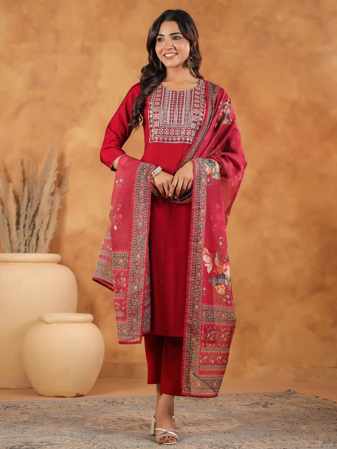 Janasya Dark Chanderi Yoke Embroidery Straight Kurta Set | Swadesiicart