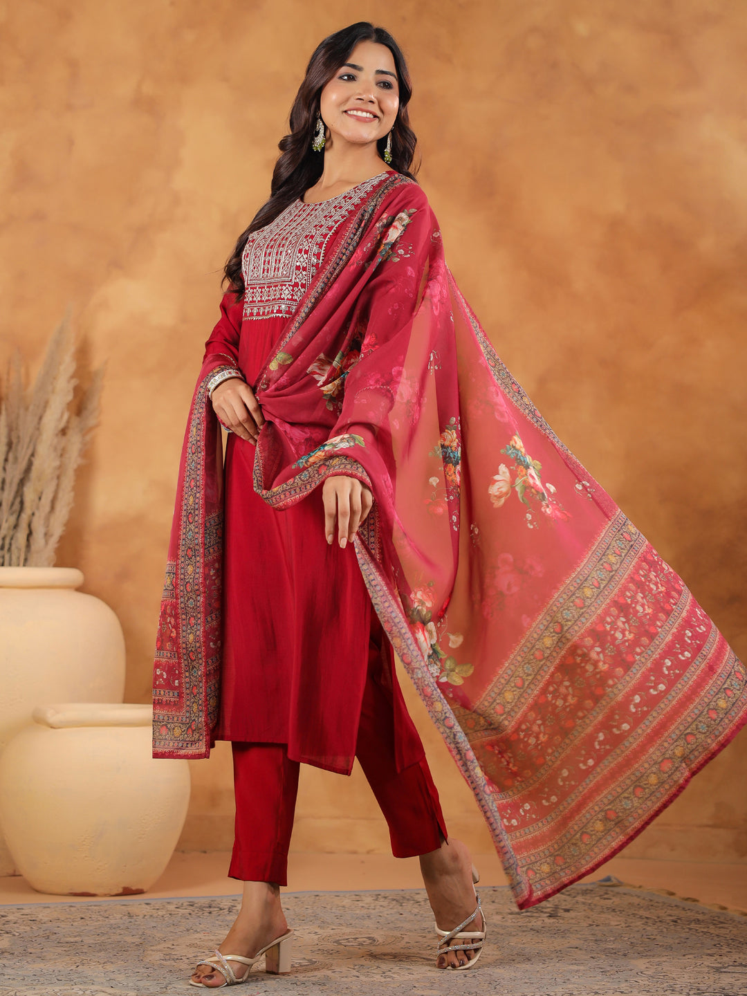 Janasya Dark Chanderi Yoke Embroidery Straight Kurta Set | Swadesiicart