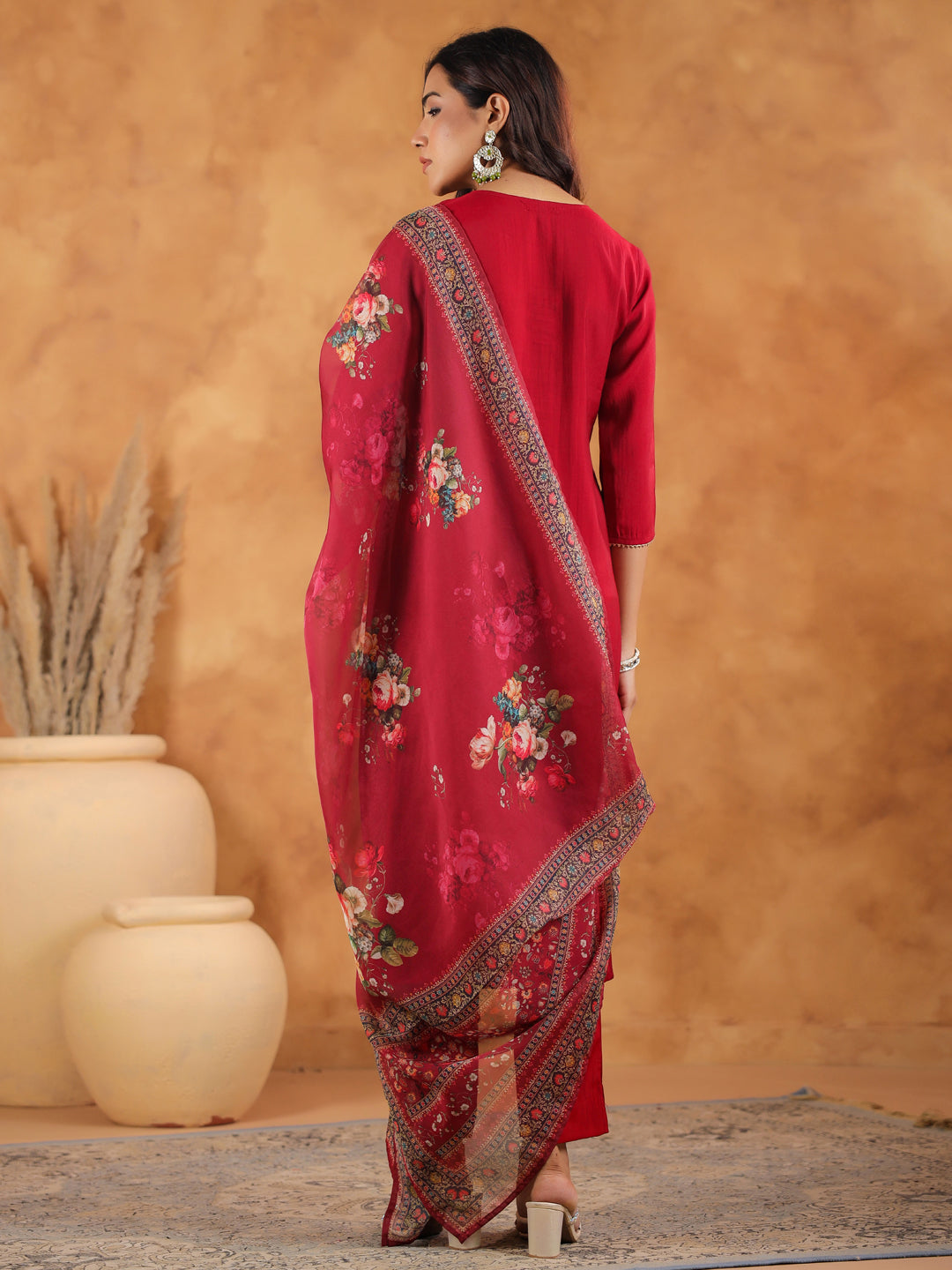 Janasya Dark Chanderi Yoke Embroidery Straight Kurta Set | Swadesiicart