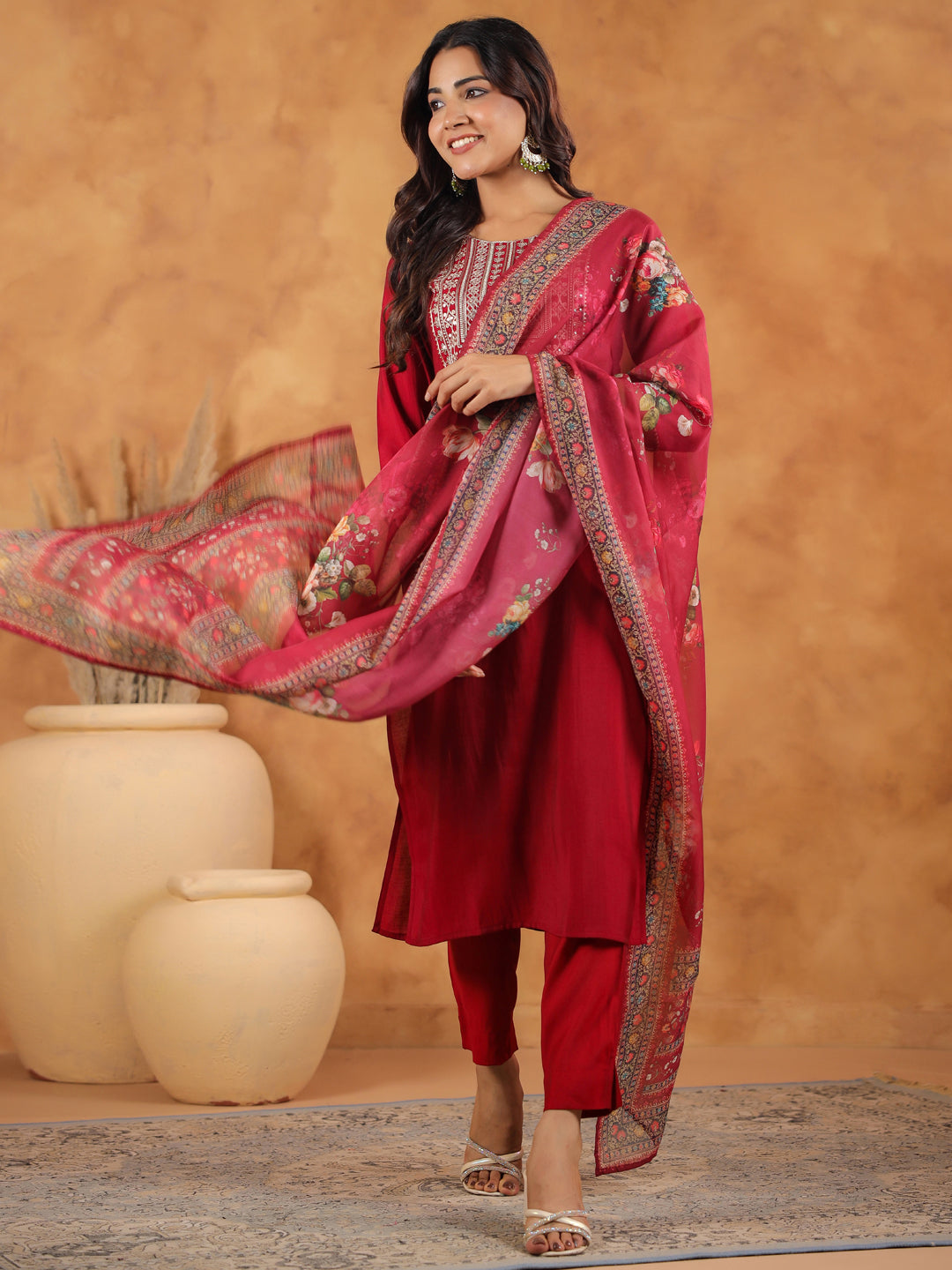 Janasya Dark Chanderi Yoke Embroidery Straight Kurta Set | Swadesiicart