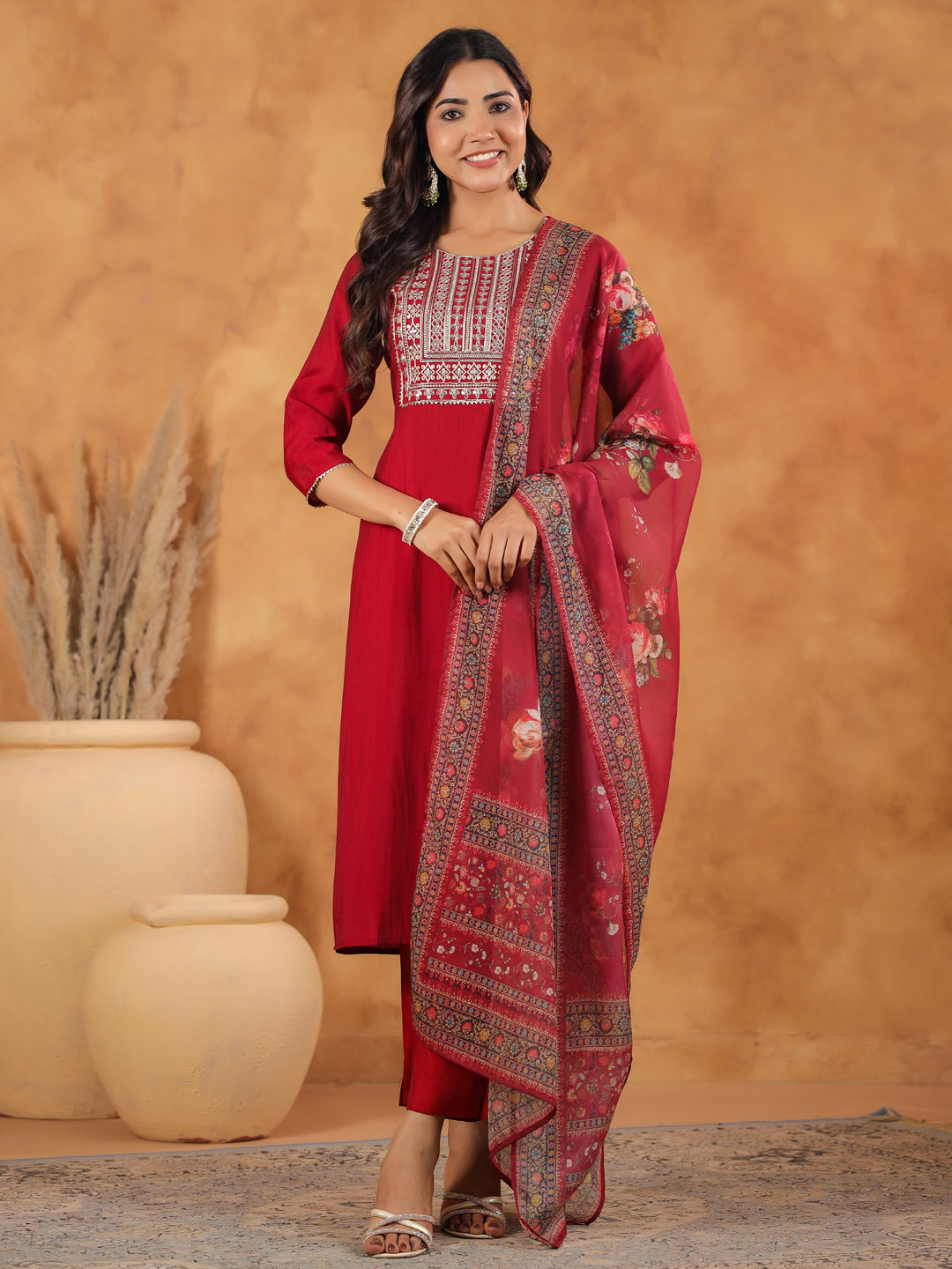 Janasya Dark Chanderi Yoke Embroidery Straight Kurta Set | Swadesiicart