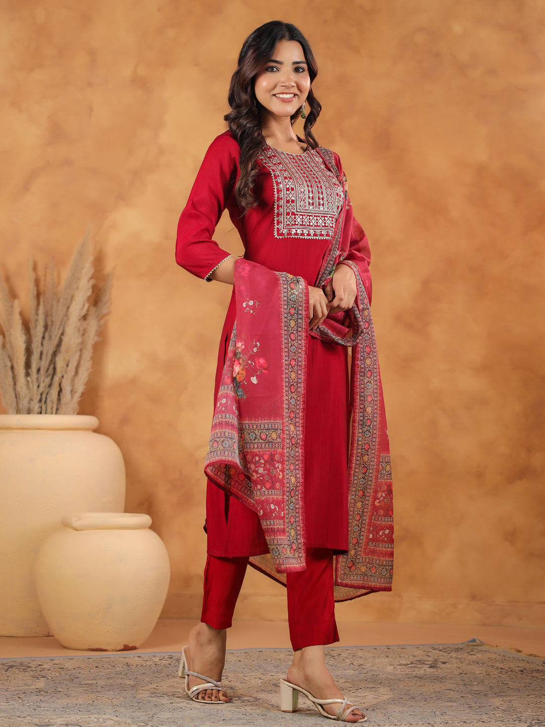 Janasya Dark Chanderi Yoke Embroidery Straight Kurta Set | Swadesiicart