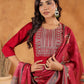 Janasya Dark Chanderi Yoke Embroidery Straight Kurta Set | Swadesiicart