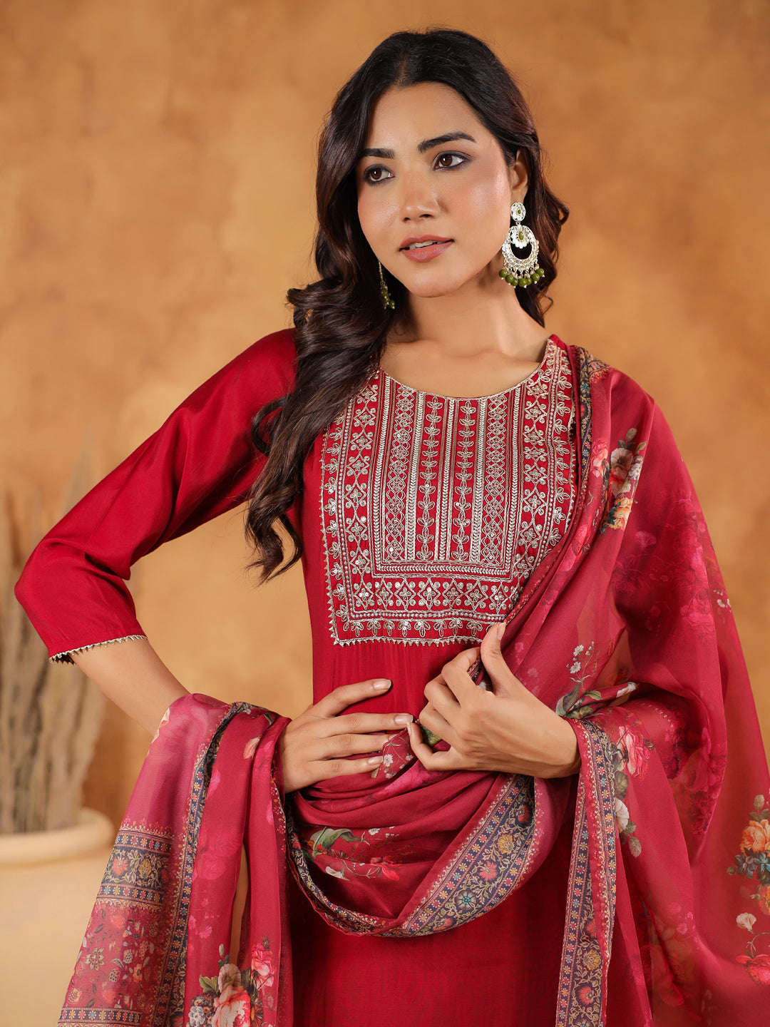 Janasya Dark Chanderi Yoke Embroidery Straight Kurta Set | Swadesiicart