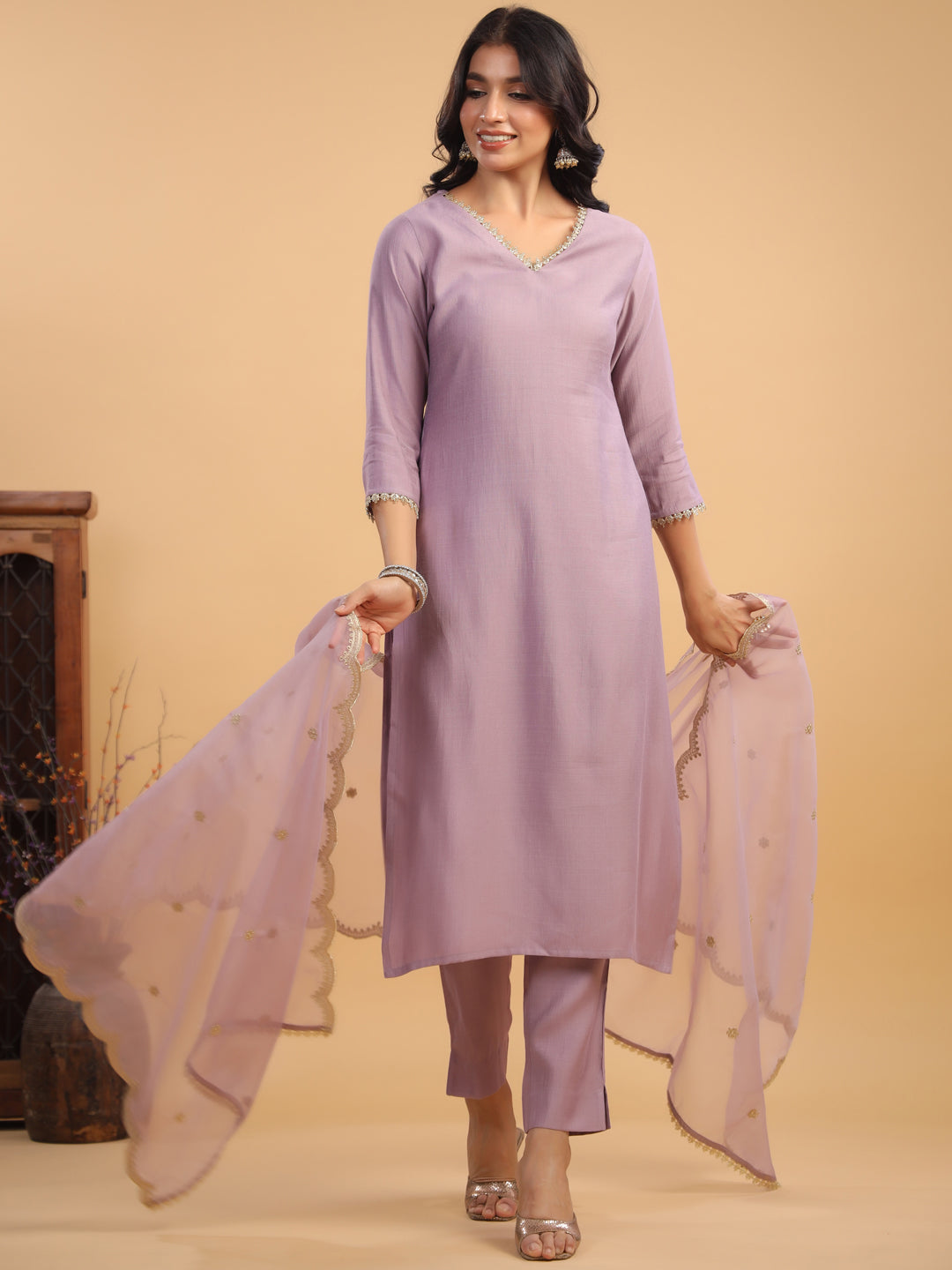 Janasya Light Chanderi Solid Straight Kurta Set | Swadesiicart