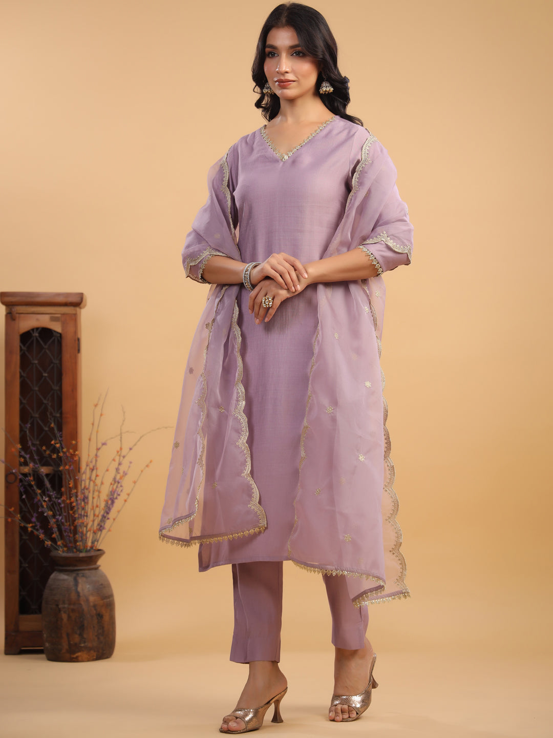 Janasya Light Chanderi Solid Straight Kurta Set | Swadesiicart