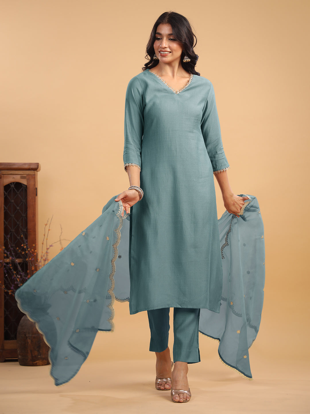 Janasya Light Chanderi Solid Straight Kurta Set | Swadesiicart