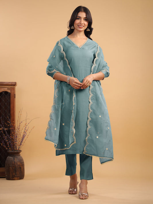 Janasya Light Chanderi Solid Straight Kurta Set | Swadesiicart