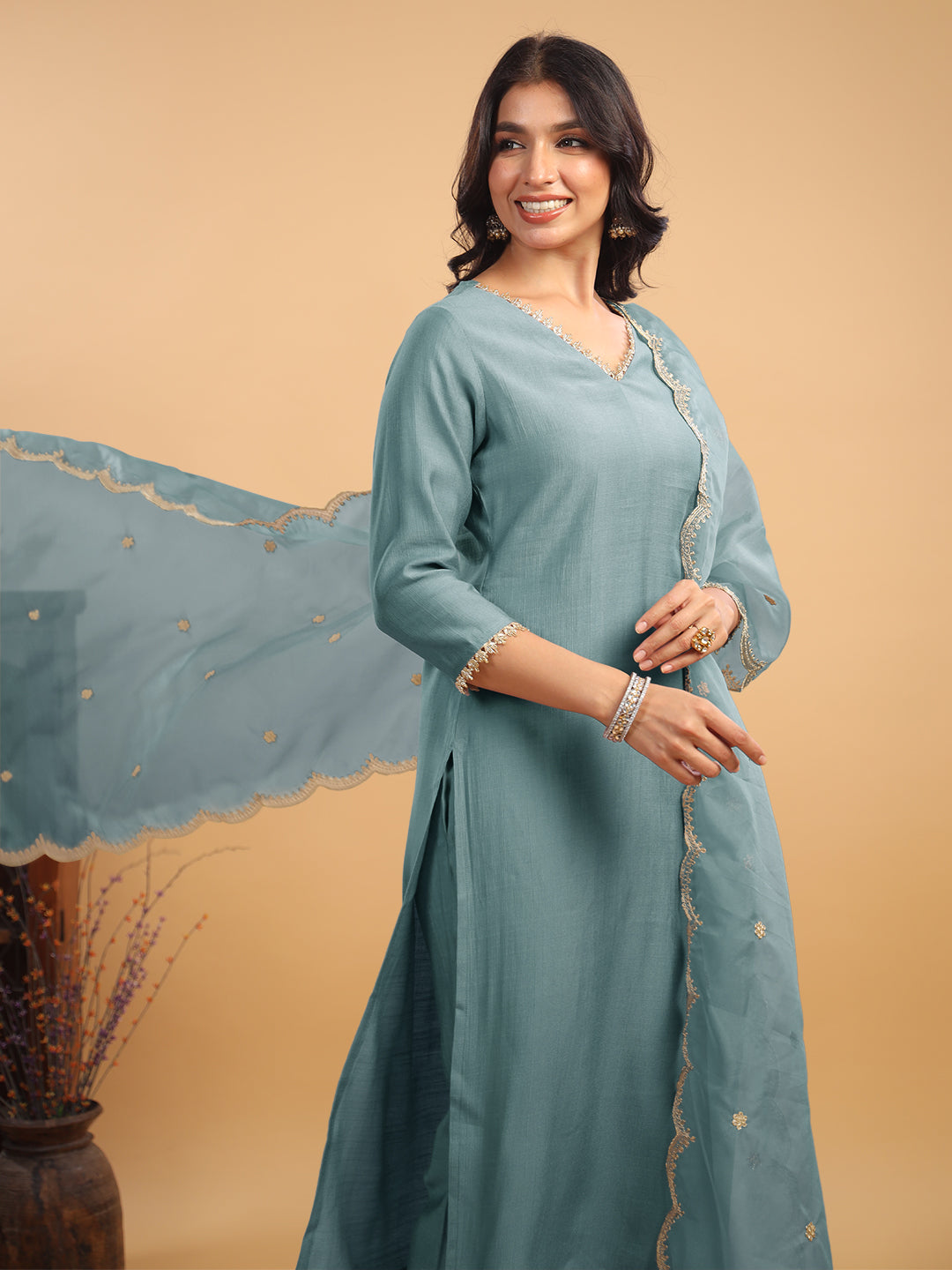 Janasya Light Chanderi Solid Straight Kurta Set | Swadesiicart