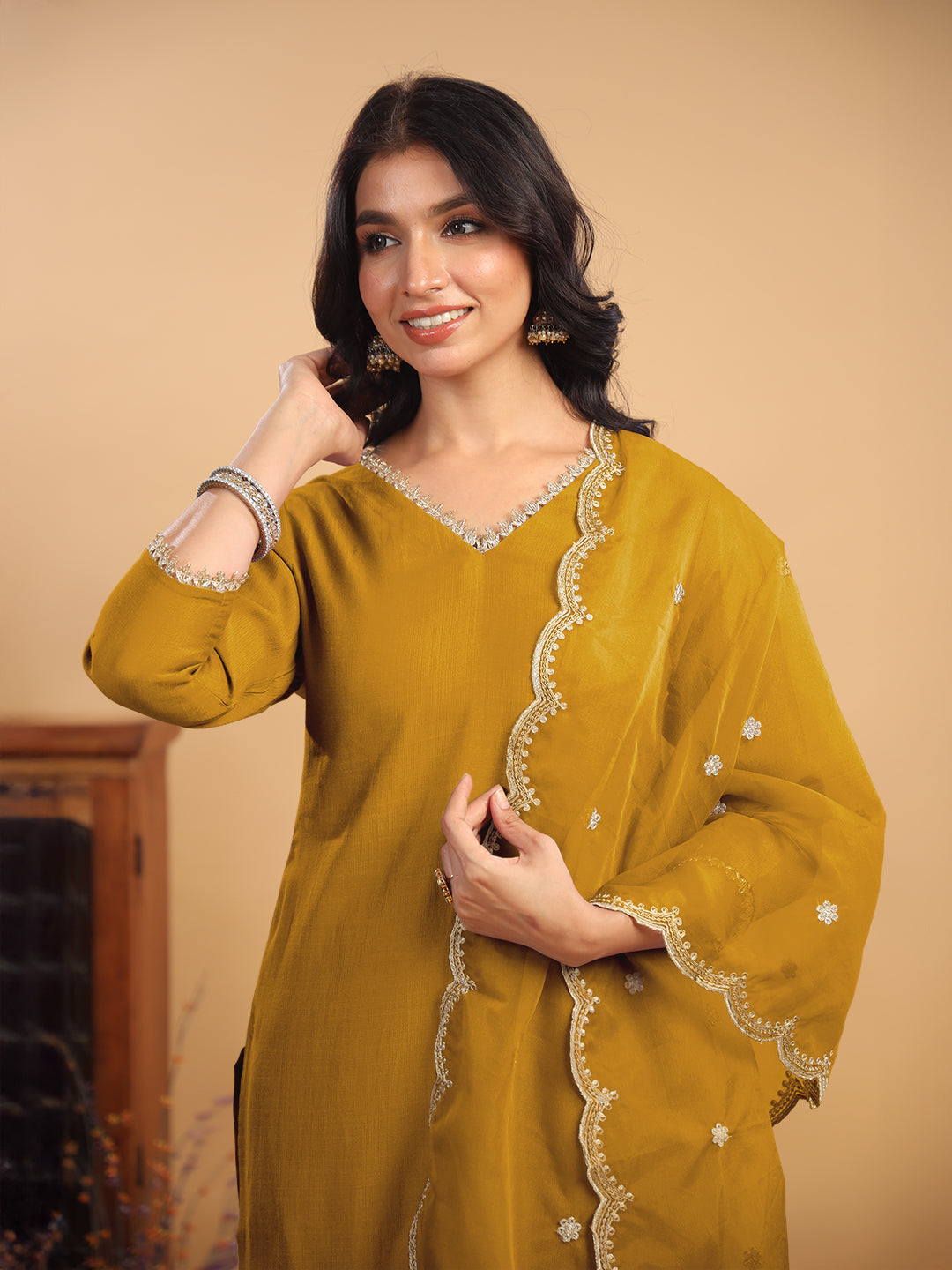 Janasya Light Chanderi Solid Straight Kurta Set | Swadesiicart