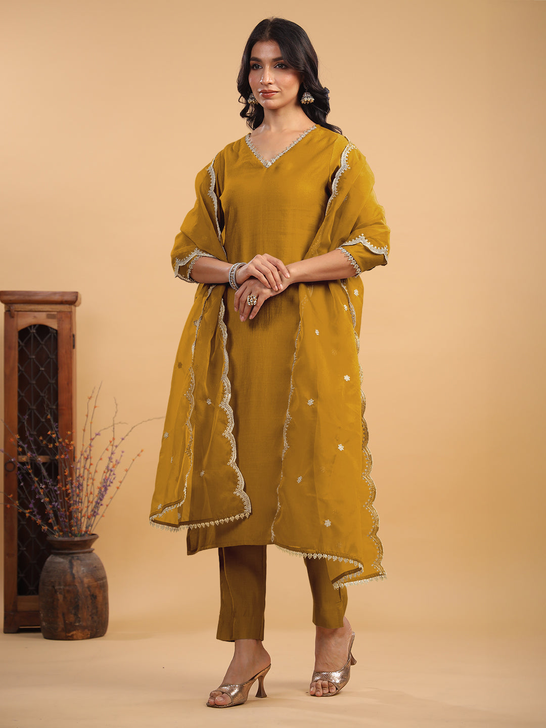 Janasya Light Chanderi Solid Straight Kurta Set | Swadesiicart
