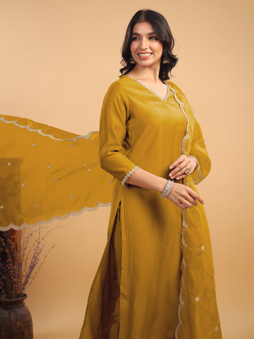 Janasya Light Chanderi Solid Straight Kurta Set | Swadesiicart