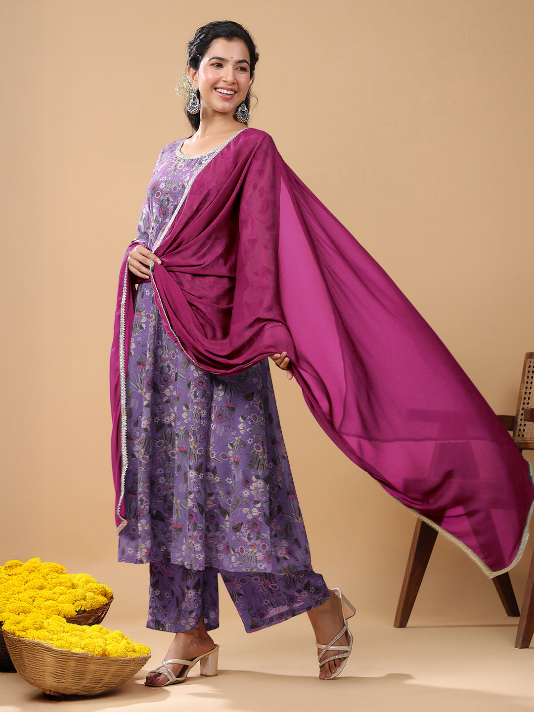 Janasya Bright Georgette Floral A-Line Kurta Set | Swadesiicart