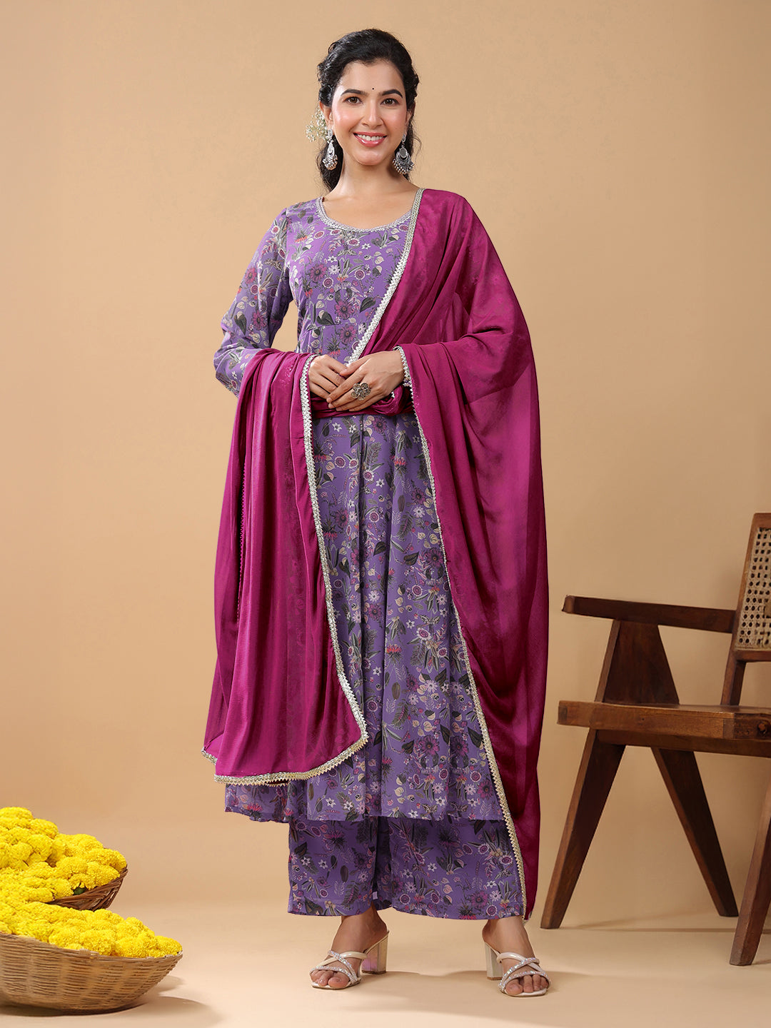Janasya Bright Georgette Floral A-Line Kurta Set | Swadesiicart