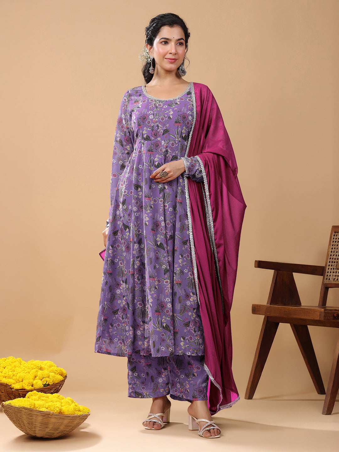 Janasya Bright Georgette Floral A-Line Kurta Set | Swadesiicart