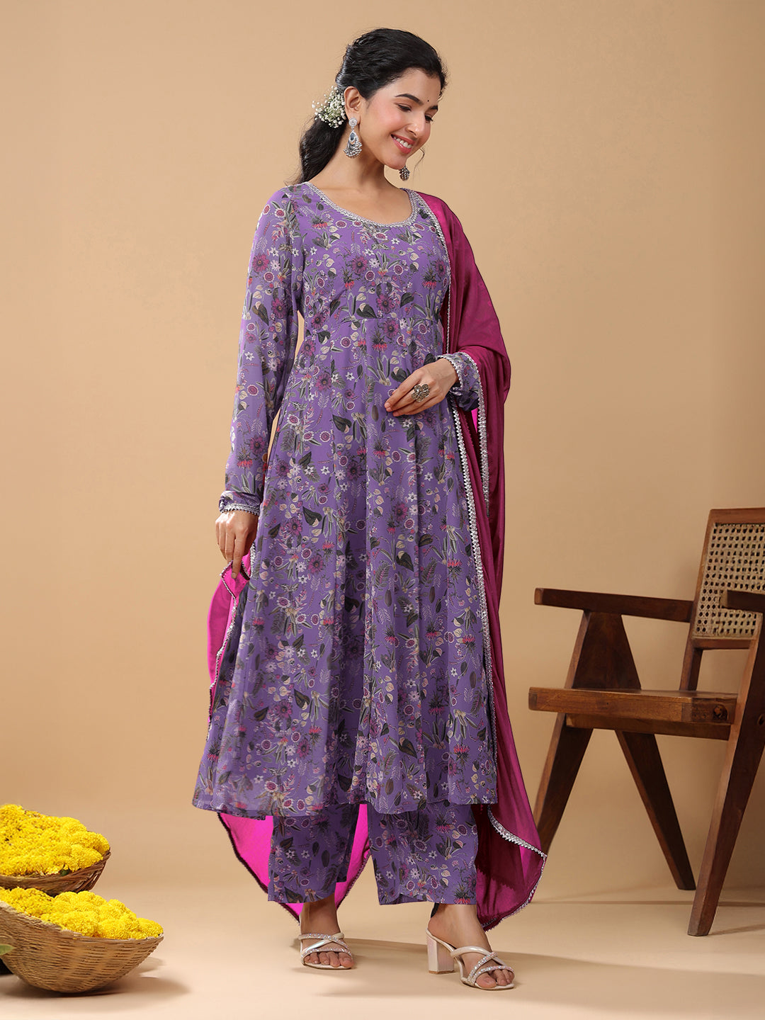 Janasya Bright Georgette Floral A-Line Kurta Set | Swadesiicart