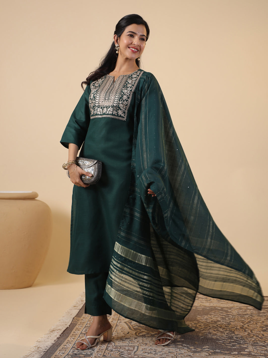 Janasya Dark Cotton Blend Yoke Embroidery Straight Kurta Set | Swadesiicart