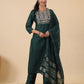Janasya Dark Cotton Blend Yoke Embroidery Straight Kurta Set | Swadesiicart