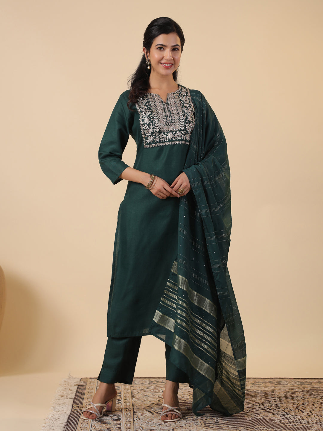 Janasya Dark Cotton Blend Yoke Embroidery Straight Kurta Set | Swadesiicart