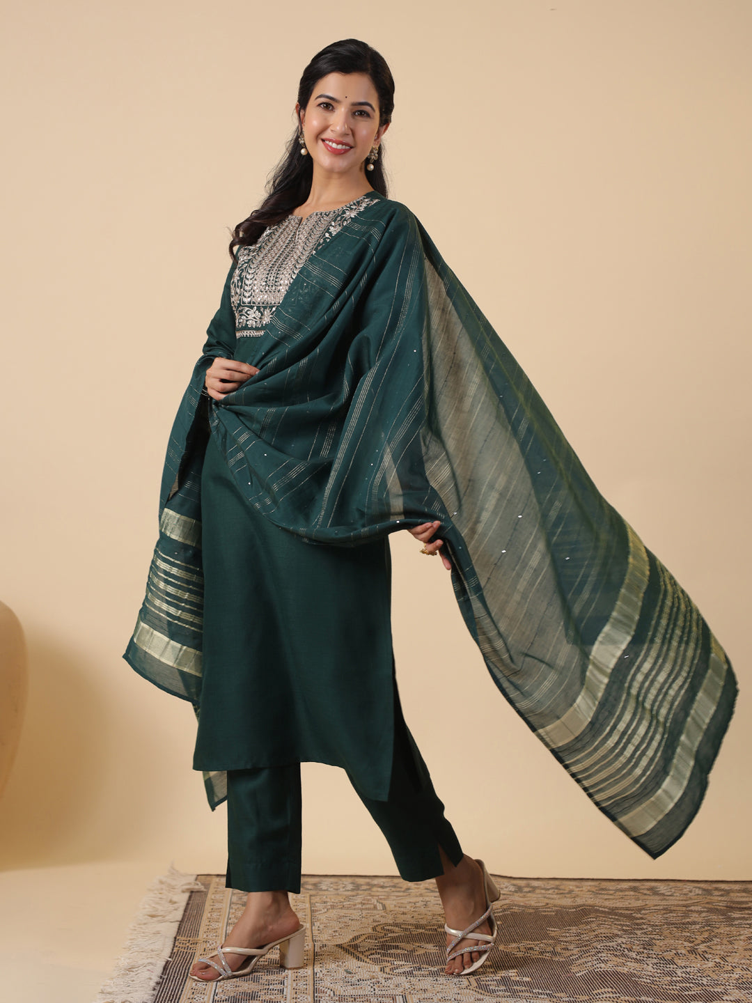 Janasya Dark Cotton Blend Yoke Embroidery Straight Kurta Set | Swadesiicart
