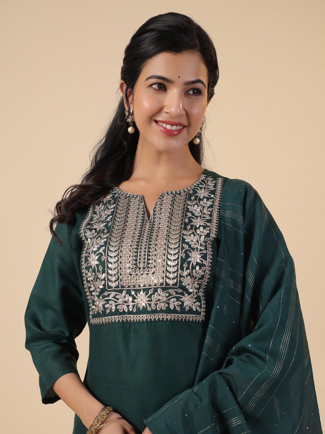Janasya Dark Cotton Blend Yoke Embroidery Straight Kurta Set | Swadesiicart