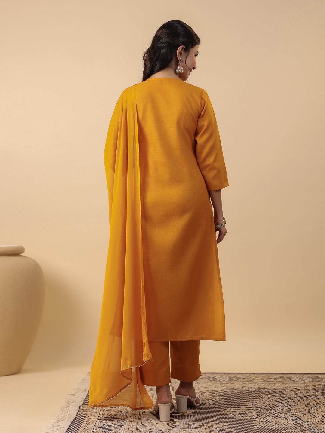 Janasya Bright Cotton Blend Yoke Embroidery Straight Kurta Set | Swadesiicart