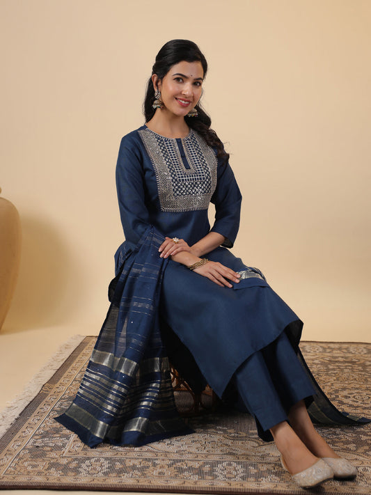 Janasya Bright Cotton Blend Embroidered Straight Kurta Set | Swadesiicart