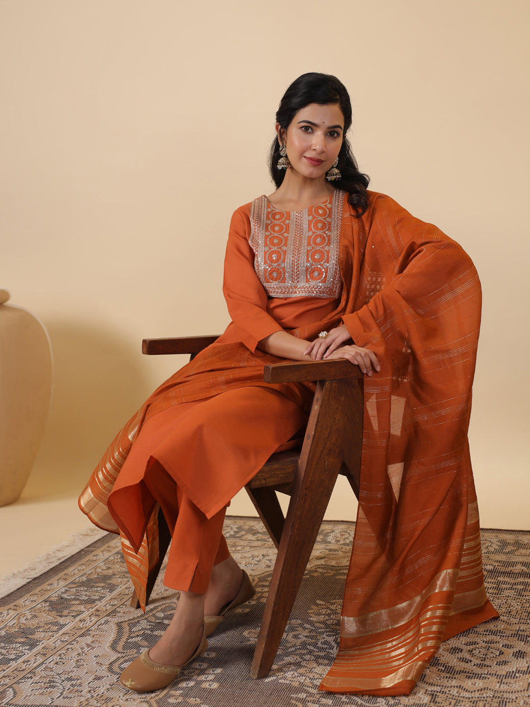 Janasya Dark Cotton Blend Yoke Embroidery Straight Kurta Set | Swadesiicart