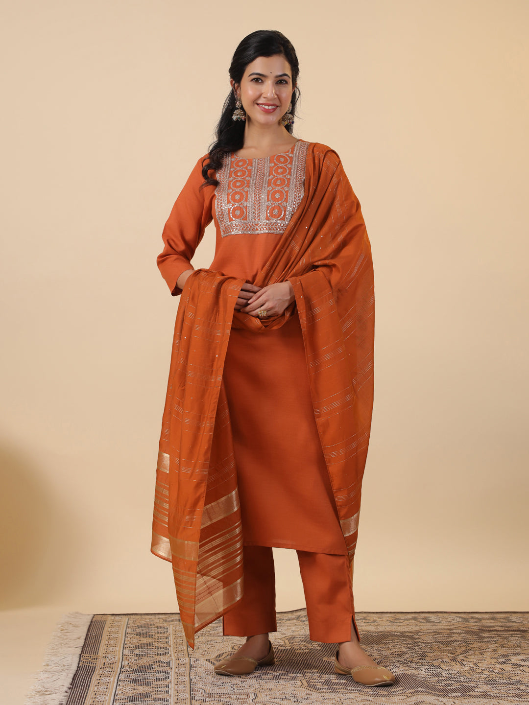 Janasya Dark Cotton Blend Yoke Embroidery Straight Kurta Set | Swadesiicart