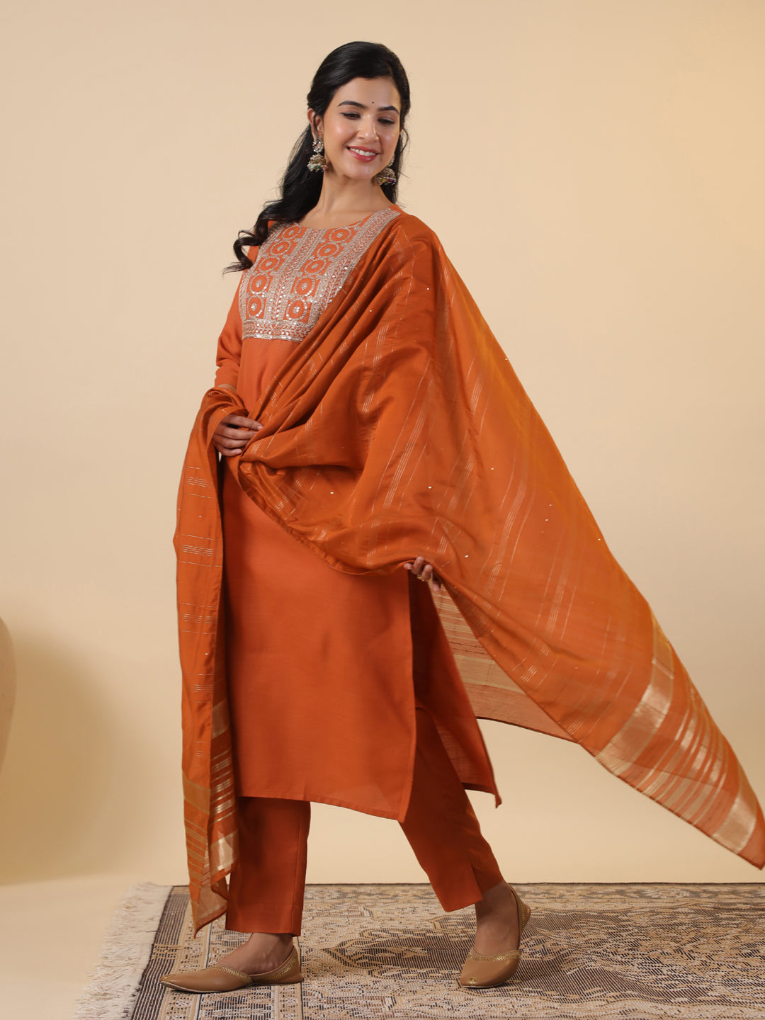 Janasya Dark Cotton Blend Yoke Embroidery Straight Kurta Set | Swadesiicart