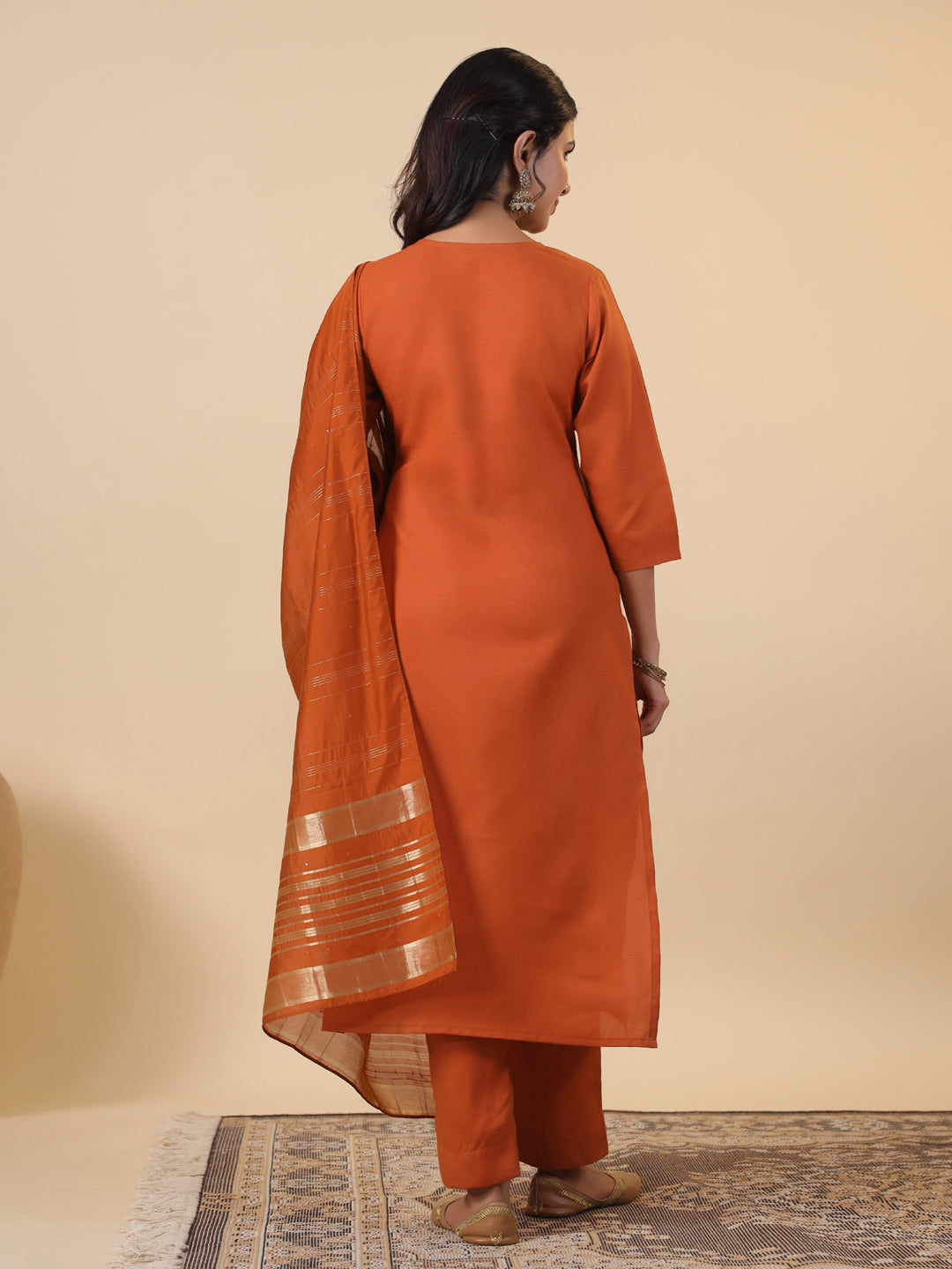 Janasya Dark Cotton Blend Yoke Embroidery Straight Kurta Set | Swadesiicart