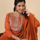 Janasya Dark Cotton Blend Yoke Embroidery Straight Kurta Set | Swadesiicart