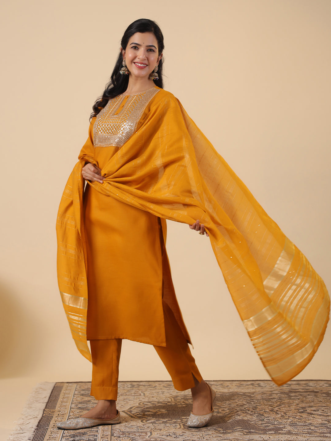 Janasya Bright Cotton Blend Yoke Embroidery Straight Kurta Set | Swadesiicart