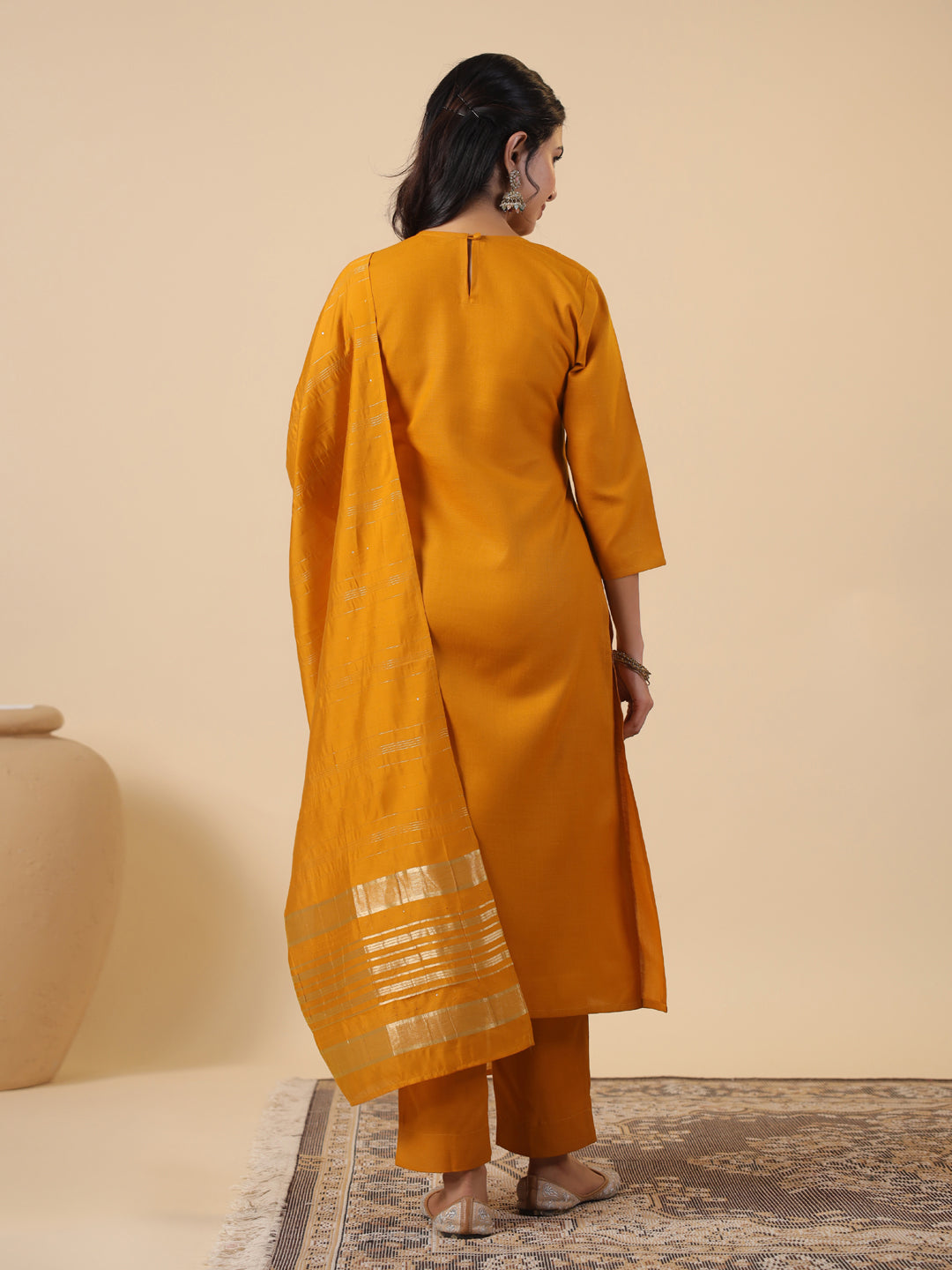 Janasya Bright Cotton Blend Yoke Embroidery Straight Kurta Set | Swadesiicart