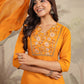 Janasya Bright Cotton Blend Yoke Embroidery Straight Kurta Set | Swadesiicart