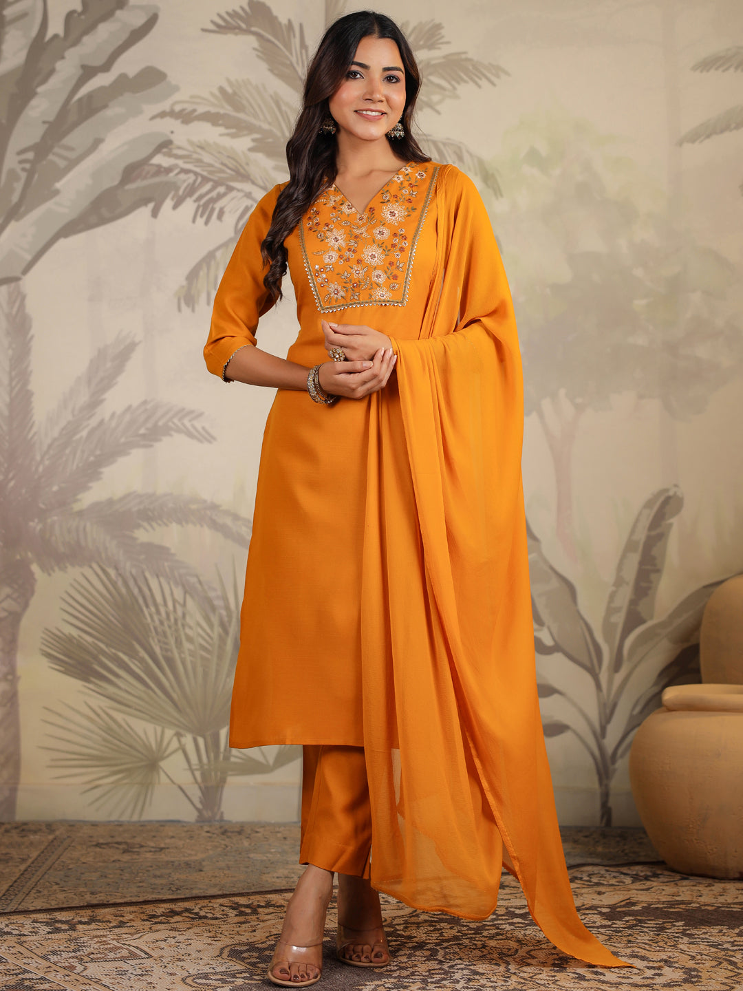 Janasya Bright Cotton Blend Yoke Embroidery Straight Kurta Set | Swadesiicart