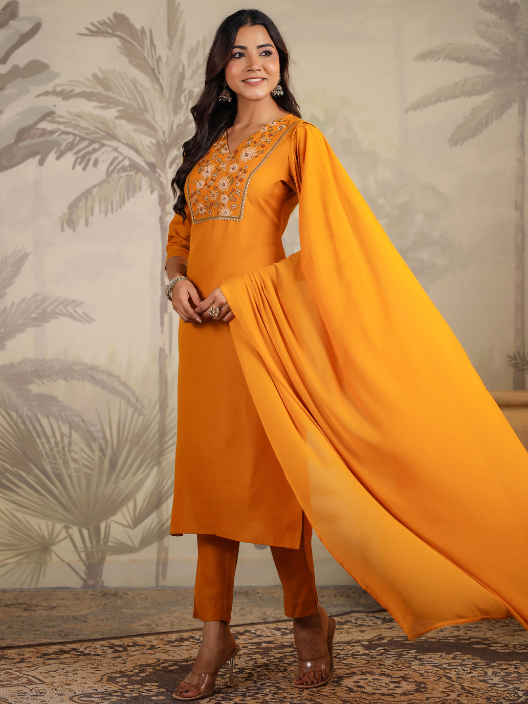 Janasya Bright Cotton Blend Yoke Embroidery Straight Kurta Set | Swadesiicart