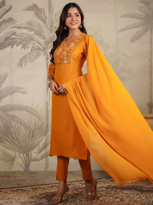 Janasya Bright Cotton Blend Yoke Embroidery Straight Kurta Set | Swadesiicart