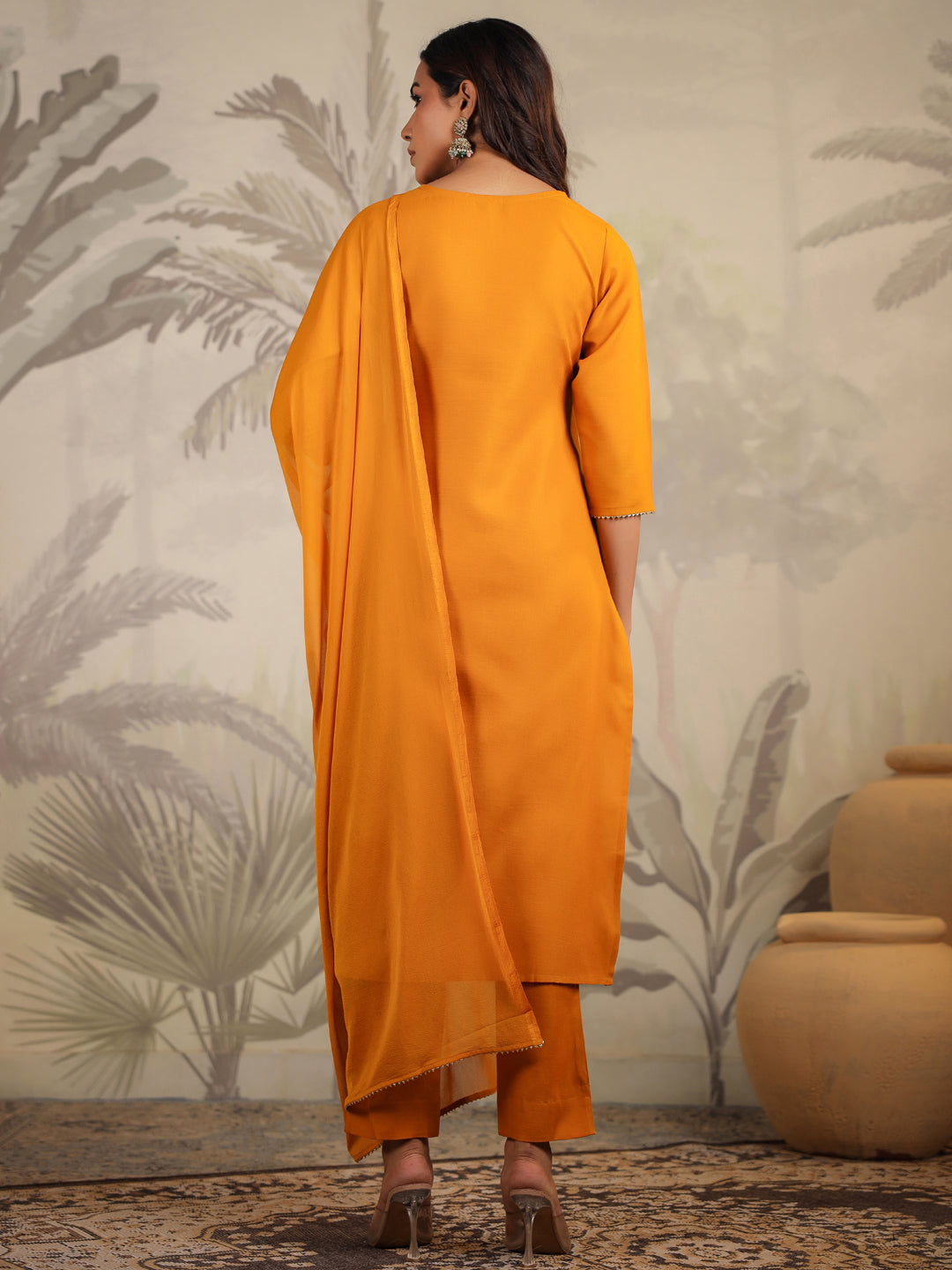 Janasya Bright Cotton Blend Yoke Embroidery Straight Kurta Set | Swadesiicart