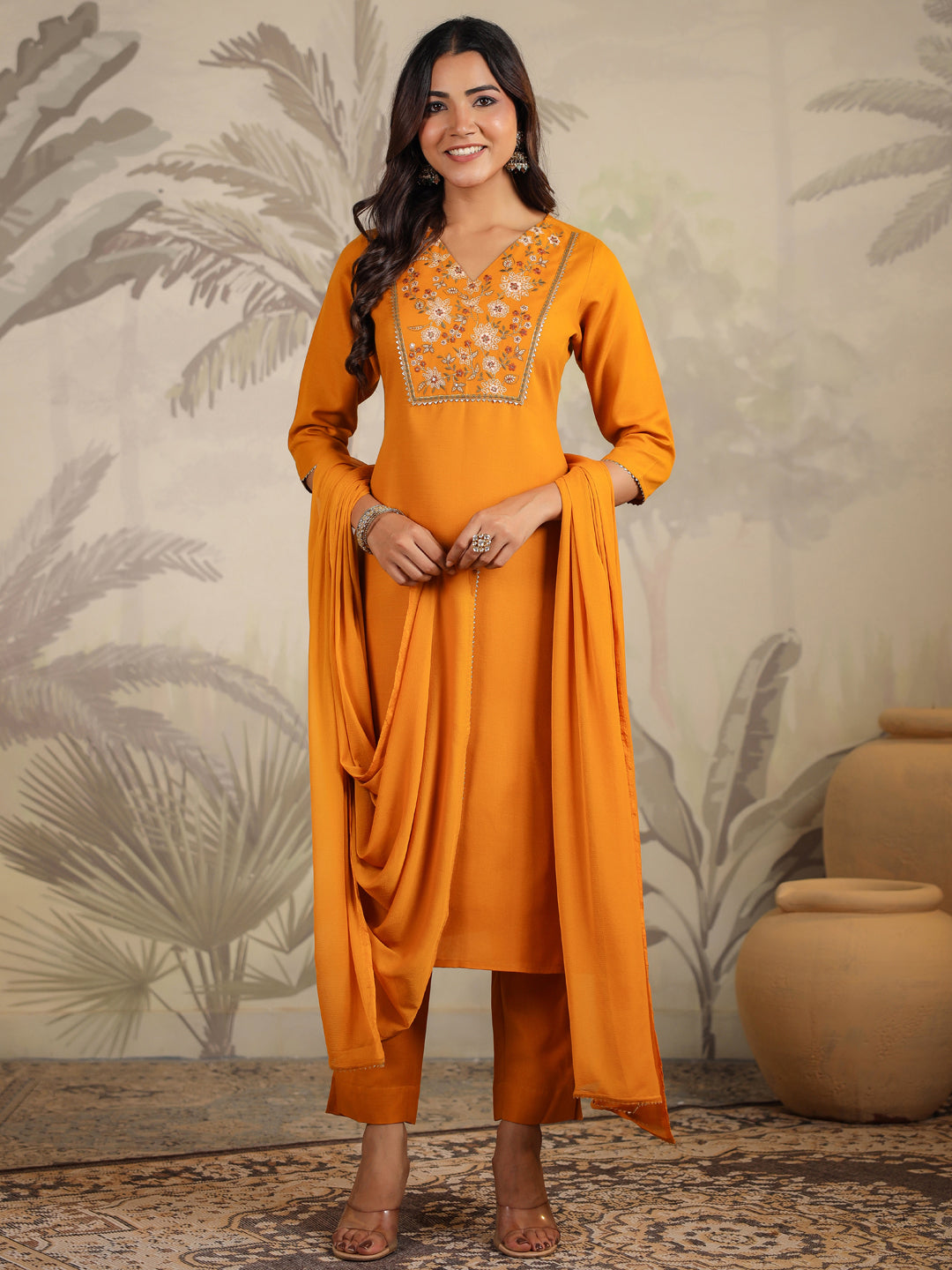 Janasya Bright Cotton Blend Yoke Embroidery Straight Kurta Set | Swadesiicart