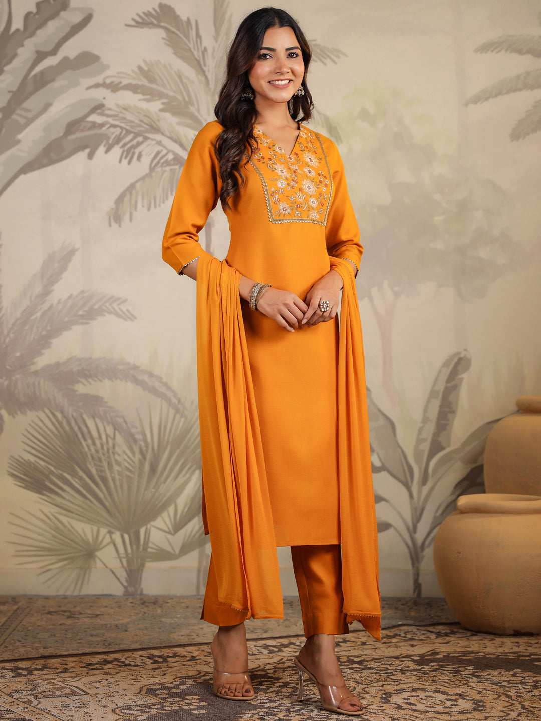 Janasya Bright Cotton Blend Yoke Embroidery Straight Kurta Set | Swadesiicart