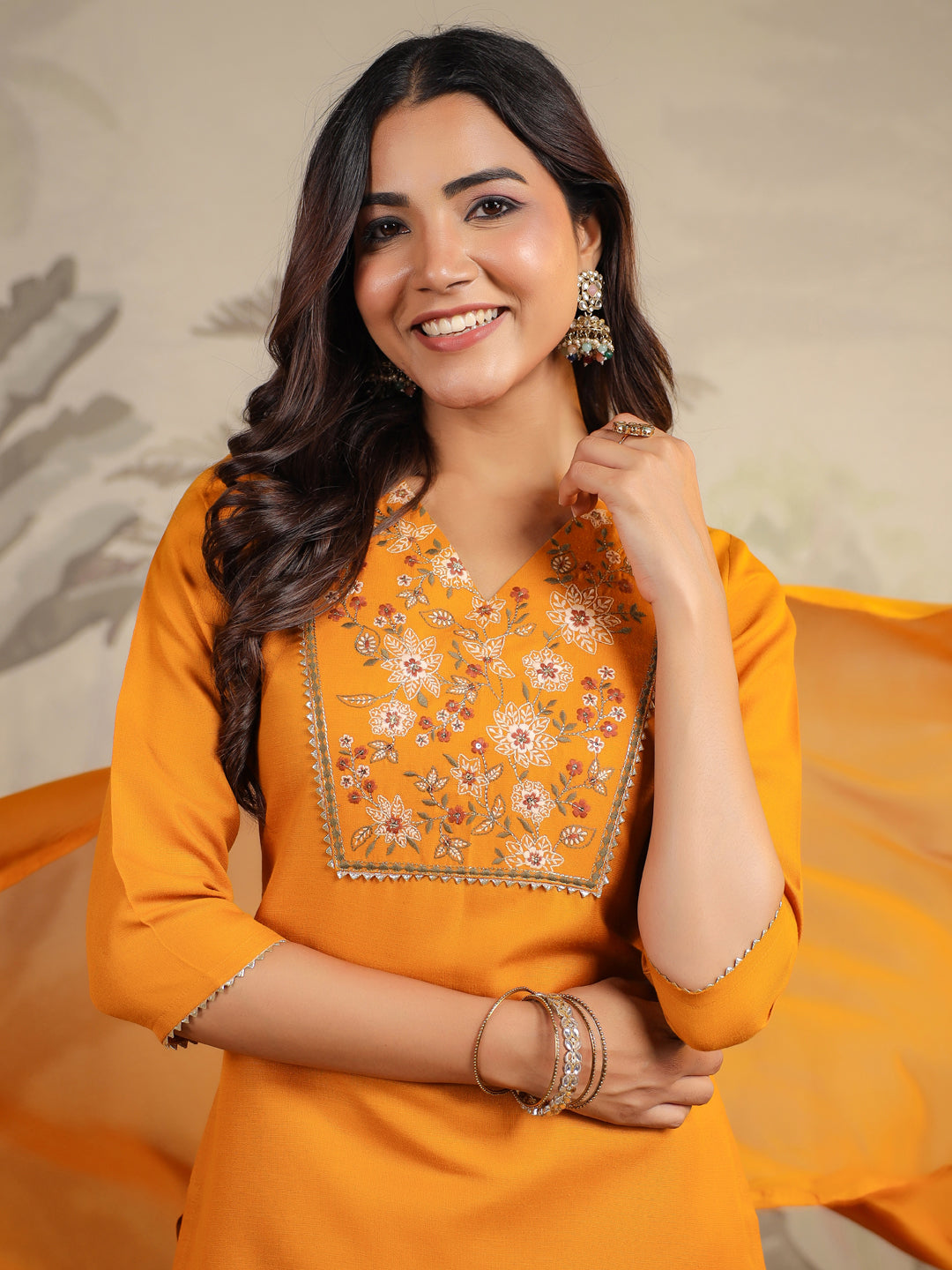 Janasya Bright Cotton Blend Yoke Embroidery Straight Kurta Set | Swadesiicart